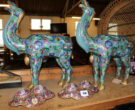 A pair of Chinese cloisonne enamelled camel incense burners, H.21in.